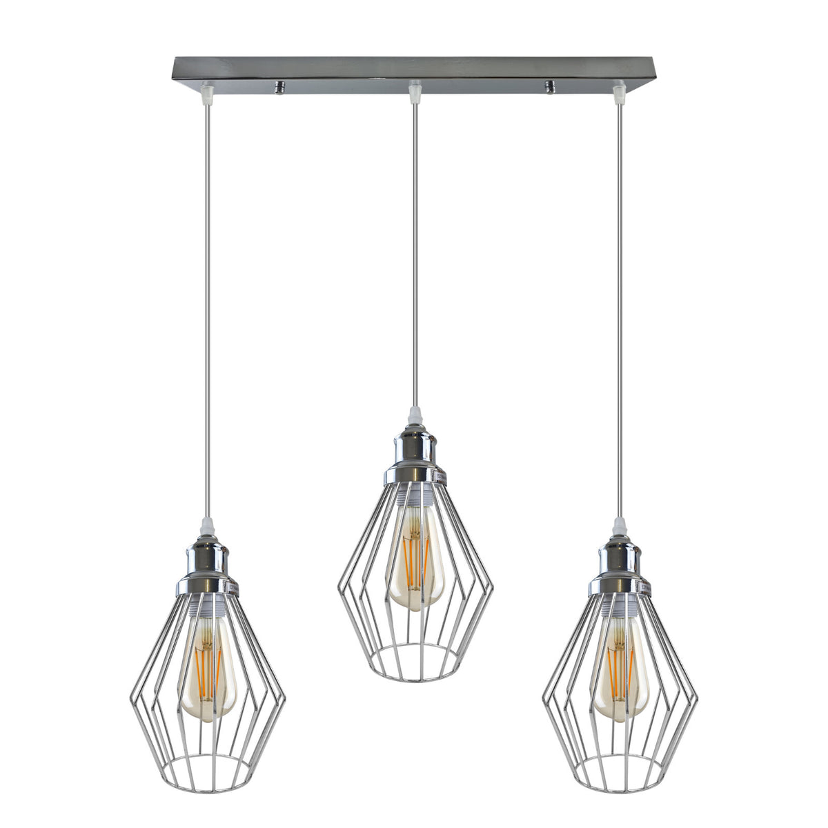 3-Light Cluster Pendant – Round or Bar, Cage or Metal Shades - Chrome, Diamond Cage Chrome, Ceiling Bar, Without Bulb