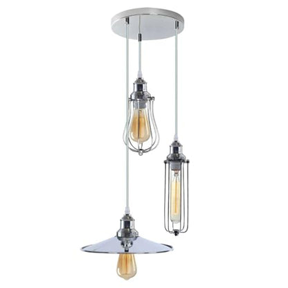 3-Light Cluster Pendant – Round or Bar, Cage or Metal Shades - Chrome, Mixed Shades Chrome, Round Rose, Without Bulb