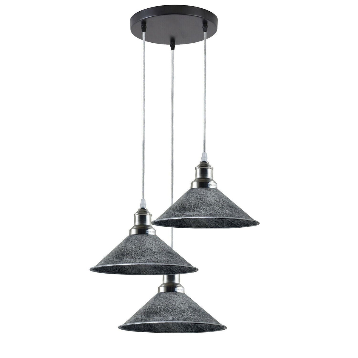 3-Light Cluster Pendant – Round or Bar, Cage or Metal Shades - Satin Nickel, Flat Cone 22 cm Brushed Silver, Round Rose, Without Bulb