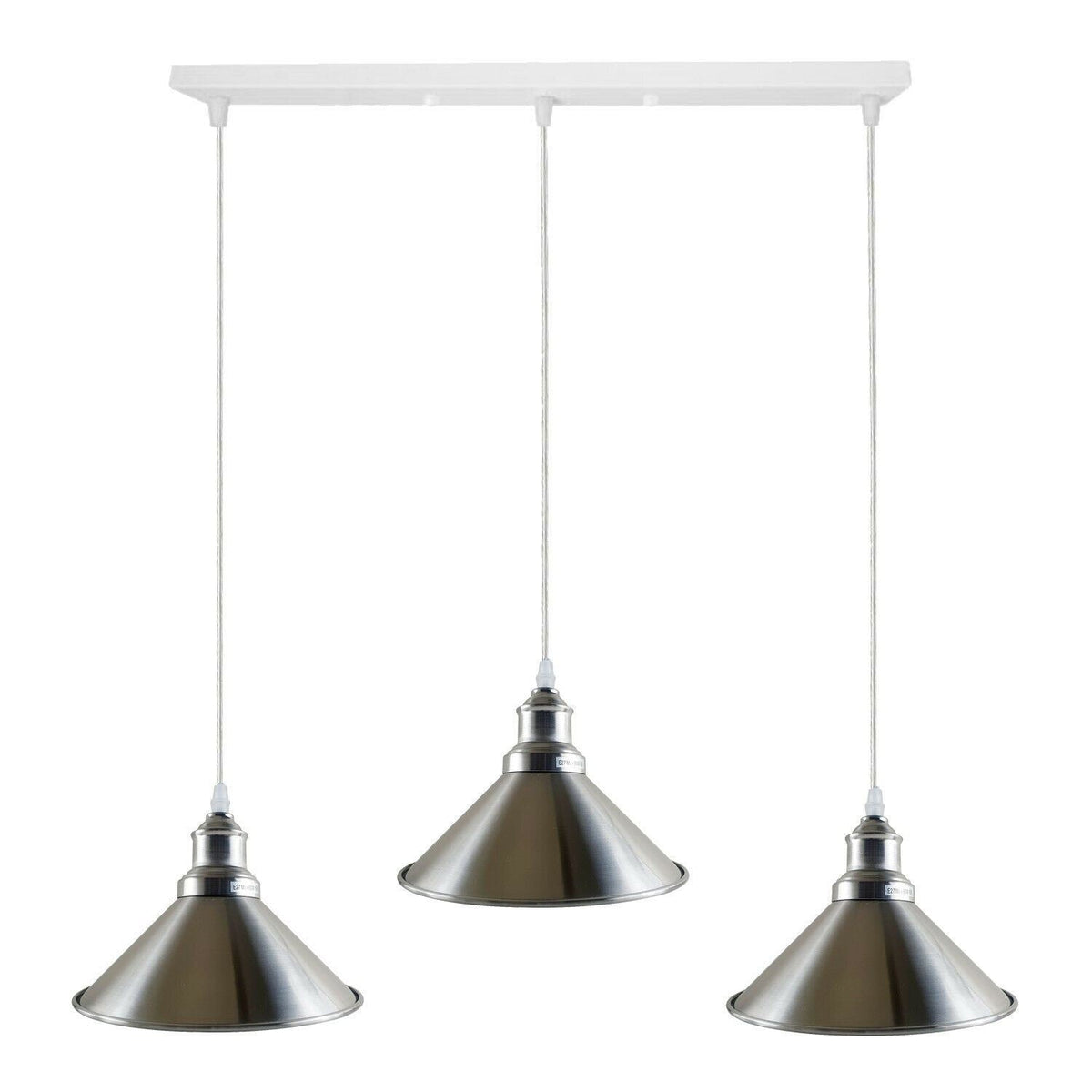 3-Light Cluster Pendant – Round or Bar, Cage or Metal Shades - Satin Nickel, Flat Cone 22 cm Satin Nickel, Ceiling Bar, Without Bulb