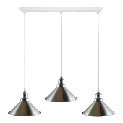 3-Light Cluster Pendant – Round or Bar, Cage or Metal Shades - Satin Nickel, Flat Cone 22 cm Satin Nickel, Ceiling Bar, Without Bulb