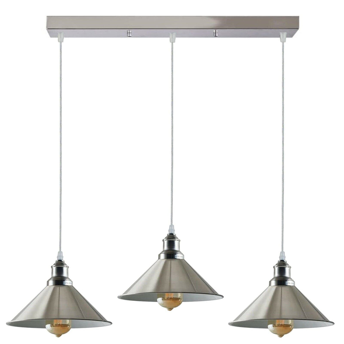 3-Light Cluster Pendant – Round or Bar, Cage or Metal Shades - Satin Nickel, Small Cone 22 cm Satin Nickel, Ceiling Bar, Without Bulb