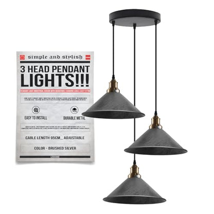 3-Light Cluster Pendant – Round or Bar, Cage or Metal Shades - Satin Nickel, Vintage 24 cm Brushed Silver, Round Rose, Without Bulb