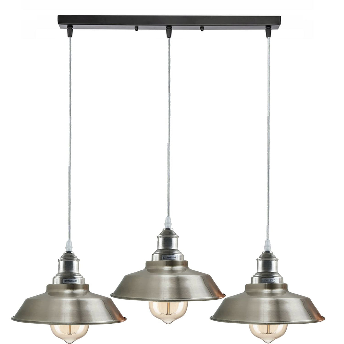 3-Light Cluster Pendant – Round or Bar, Cage or Metal Shades - Satin Nickel, Vintage Dome 22 cm Satin Nickel, Ceiling Bar, Without Bulb