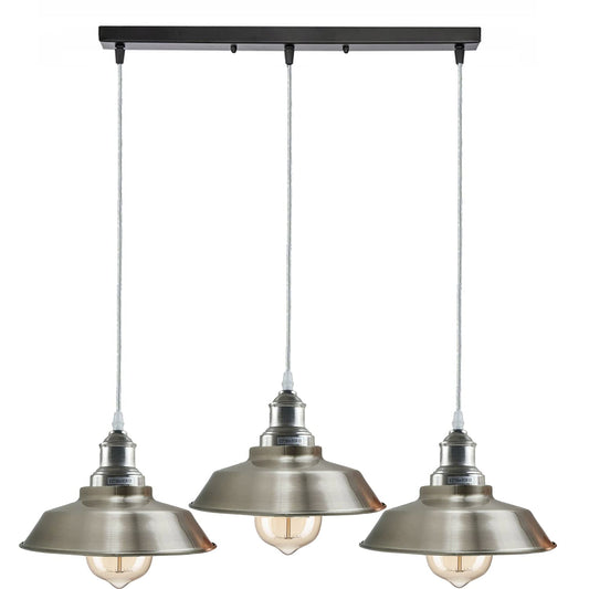 3-Light Cluster Pendant – Round or Bar, Cage or Metal Shades - Satin Nickel, Vintage Dome 22 cm Satin Nickel, Ceiling Bar, Without Bulb