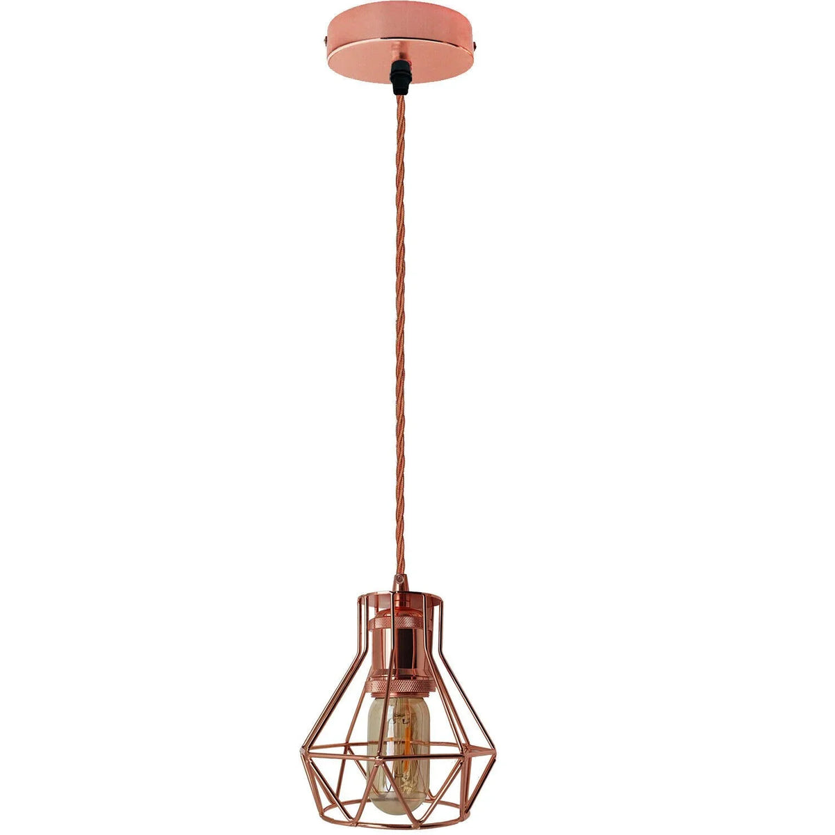 Rose Gold Pendant Light with Wire Cage – 1m Twisted Cable, E27 - Rose Gold, Diamond Cage Rose Gold, T45 LED Bulb 4W
