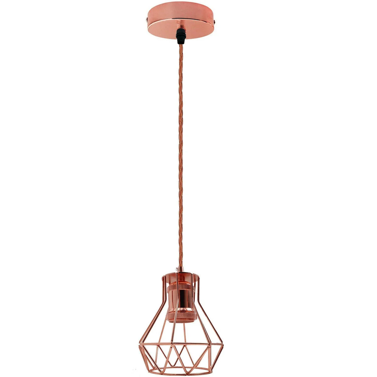 Rose Gold Pendant Light with Wire Cage – 1m Twisted Cable, E27 - Rose Gold, Diamond Cage Rose Gold, Without Bulb