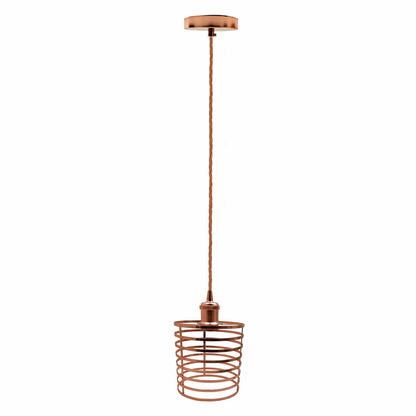 Rose Gold Pendant Light with Wire Cage – 1m Twisted Cable, E27 - Rose Gold, Round Cage Rose Gold, Without Bulb