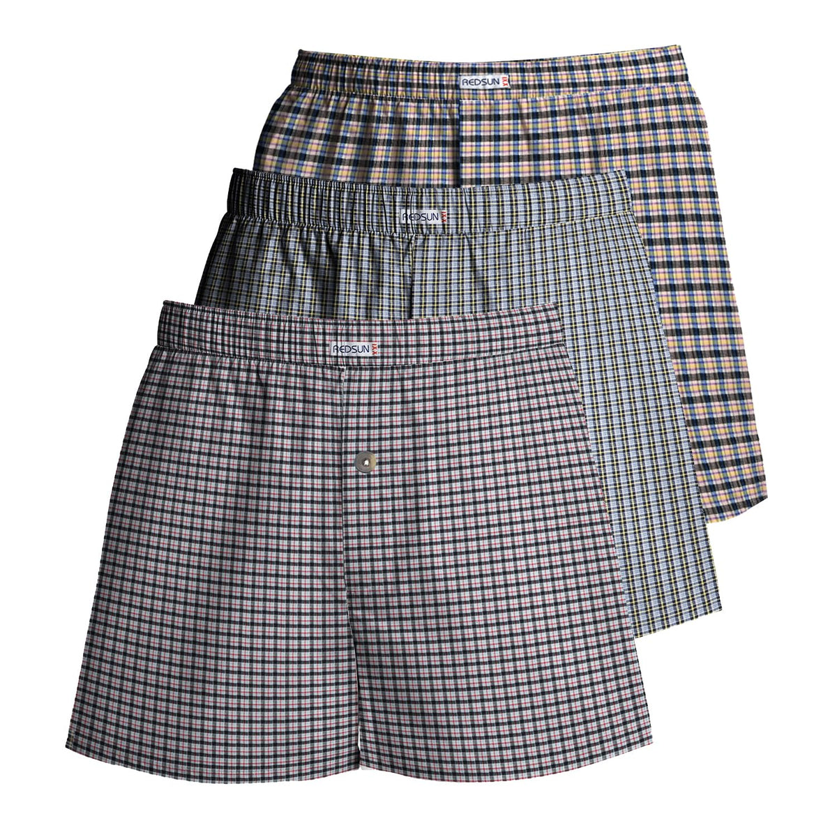 Men's Woven Cotton Boxer Shorts, Pack of 3 – 3 Mixed Check Sets, XL or XXL - XL, Mauve + Grey-Green Stripe + Beige & Navy