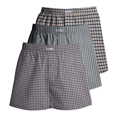 Men's Woven Cotton Boxer Shorts, Pack of 3 – 3 Mixed Check Sets, XL or XXL - XL, Mauve + Grey-Green Stripe + Beige & Navy