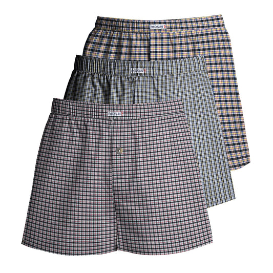 Men's Woven Cotton Boxer Shorts, Pack of 3 – 3 Mixed Check Sets, XL or XXL - XL, Mauve + Grey-Green Stripe + Beige & Navy