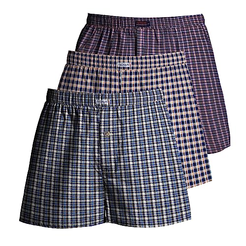 Men's Woven Cotton Boxer Shorts, Pack of 3 – 3 Mixed Check Sets, XL or XXL - XL, Blue & Navy + Navy Gingham + Plum Stripe