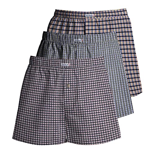 Men's Woven Cotton Boxer Shorts, Pack of 3 – 3 Mixed Check Sets, XL or XXL - XXL, Mauve + Grey-Green Stripe + Beige & Navy