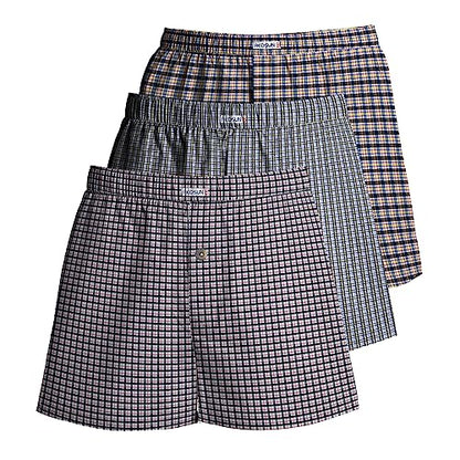 Men's Woven Cotton Boxer Shorts, Pack of 3 – 3 Mixed Check Sets, XL or XXL - XXL, Mauve + Grey-Green Stripe + Beige & Navy