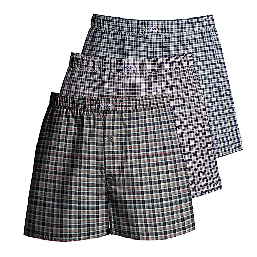 Men's Cotton Boxer Shorts, Pack of 3 – Charcoal, Grey & Light Blue Checks, XXL