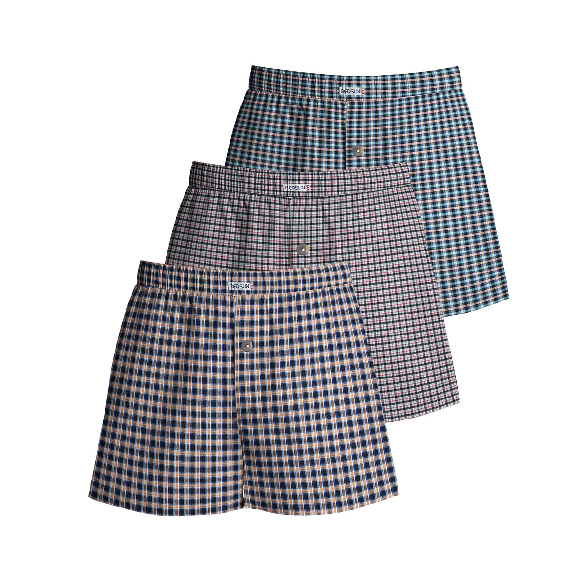 Men's Cotton Boxer Shorts, Pack of 3 – Navy Gingham, Mauve & Navy-Teal, L or XL - L, Navy Gingham + Mauve + Navy & Teal