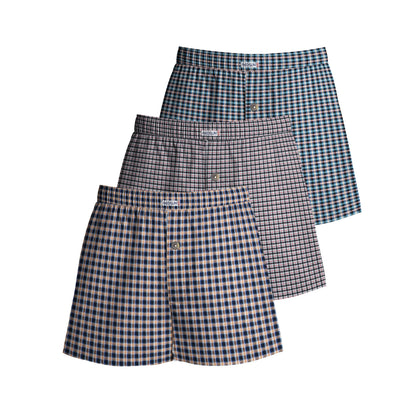 Men's Cotton Boxer Shorts, Pack of 3 – Navy Gingham, Mauve & Navy-Teal, L or XL - L, Navy Gingham + Mauve + Navy & Teal