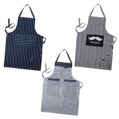 Cotton Bib Aprons, Pack of 3 – Mixed Prints or Stripes, Long Ties - Navy Pinstripe + Bonjour Black + Double-Pocket Stripe
