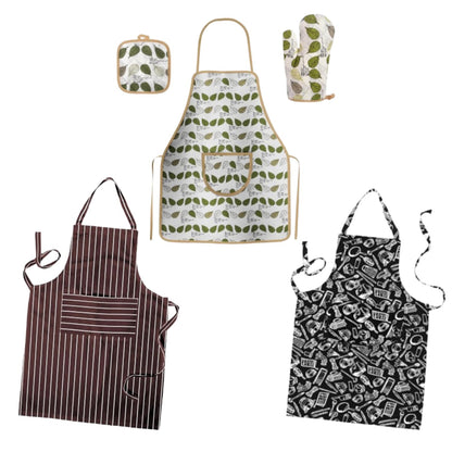 Cotton Bib Aprons, Pack of 3 – Mixed Prints or Stripes, Long Ties - Brown Pinstripe + Green Leaf Set + Black Kitchen Print