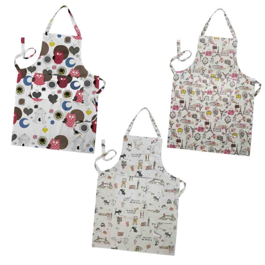Cotton Bib Aprons, Pack of 3 – Mixed Prints or Stripes, Long Ties - Owl + Paris + London Cats Prints