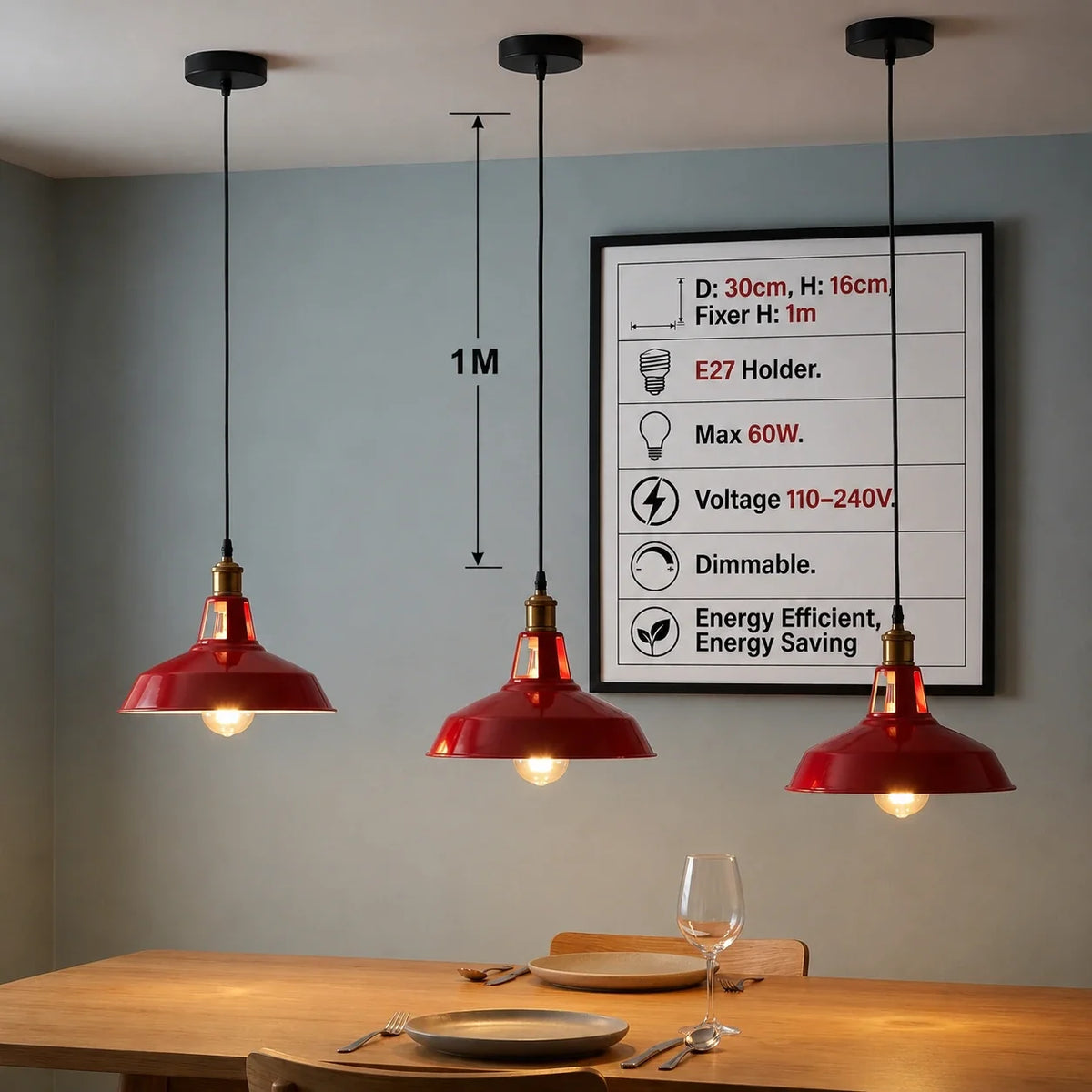 Industrial Barn Pendant Lights – Pack of 3, 30 cm, 8 Colours, E27 - Yellow Brass (Pack of 3), Barn Slotted 30 cm Red, Without Bulb