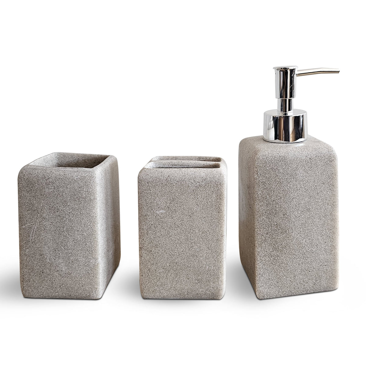 Square Stone-Effect Bathroom Set – Dispenser, Tumbler & Toothbrush Holder, Beige