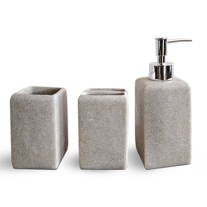Square Stone-Effect Bathroom Set – Dispenser, Tumbler & Toothbrush Holder, Beige