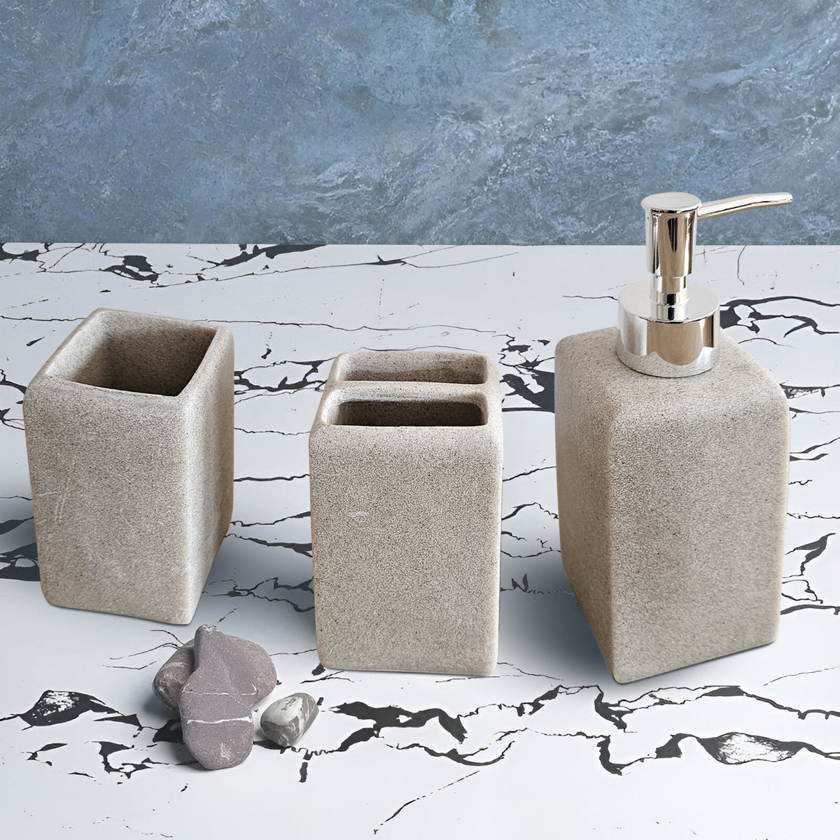 Square Stone-Effect Bathroom Set – Dispenser, Tumbler & Toothbrush Holder, Beige - photo 3