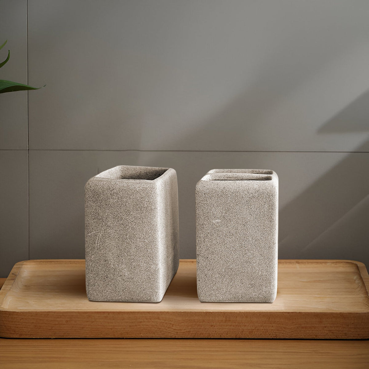 Square Stone-Effect Bathroom Set – Dispenser, Tumbler & Toothbrush Holder, Beige - photo 5