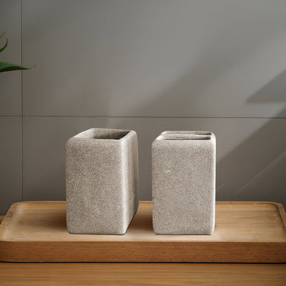 Square Stone-Effect Bathroom Set – Dispenser, Tumbler & Toothbrush Holder, Beige - photo 5
