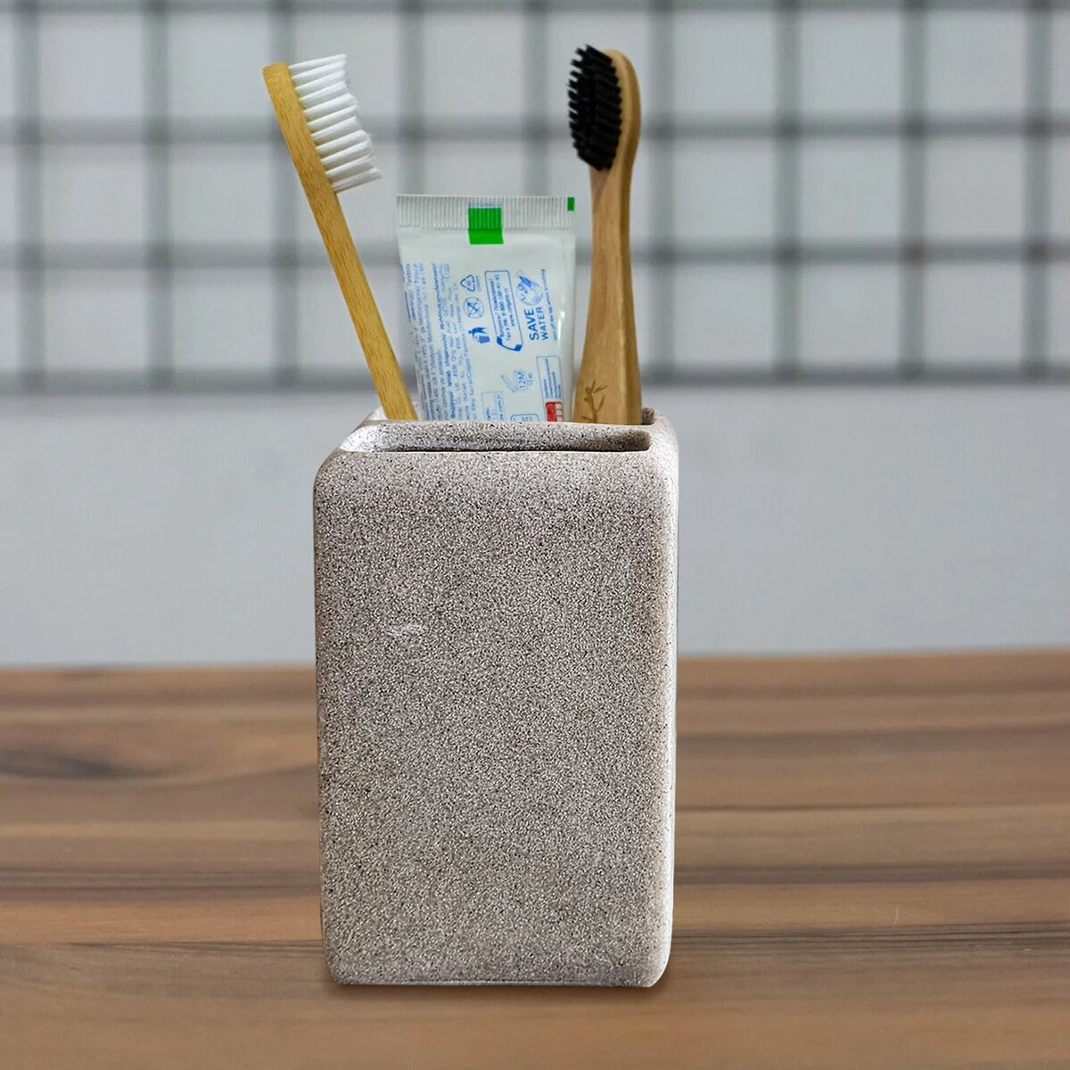 Square Stone-Effect Bathroom Set – Dispenser, Tumbler & Toothbrush Holder, Beige - photo 6
