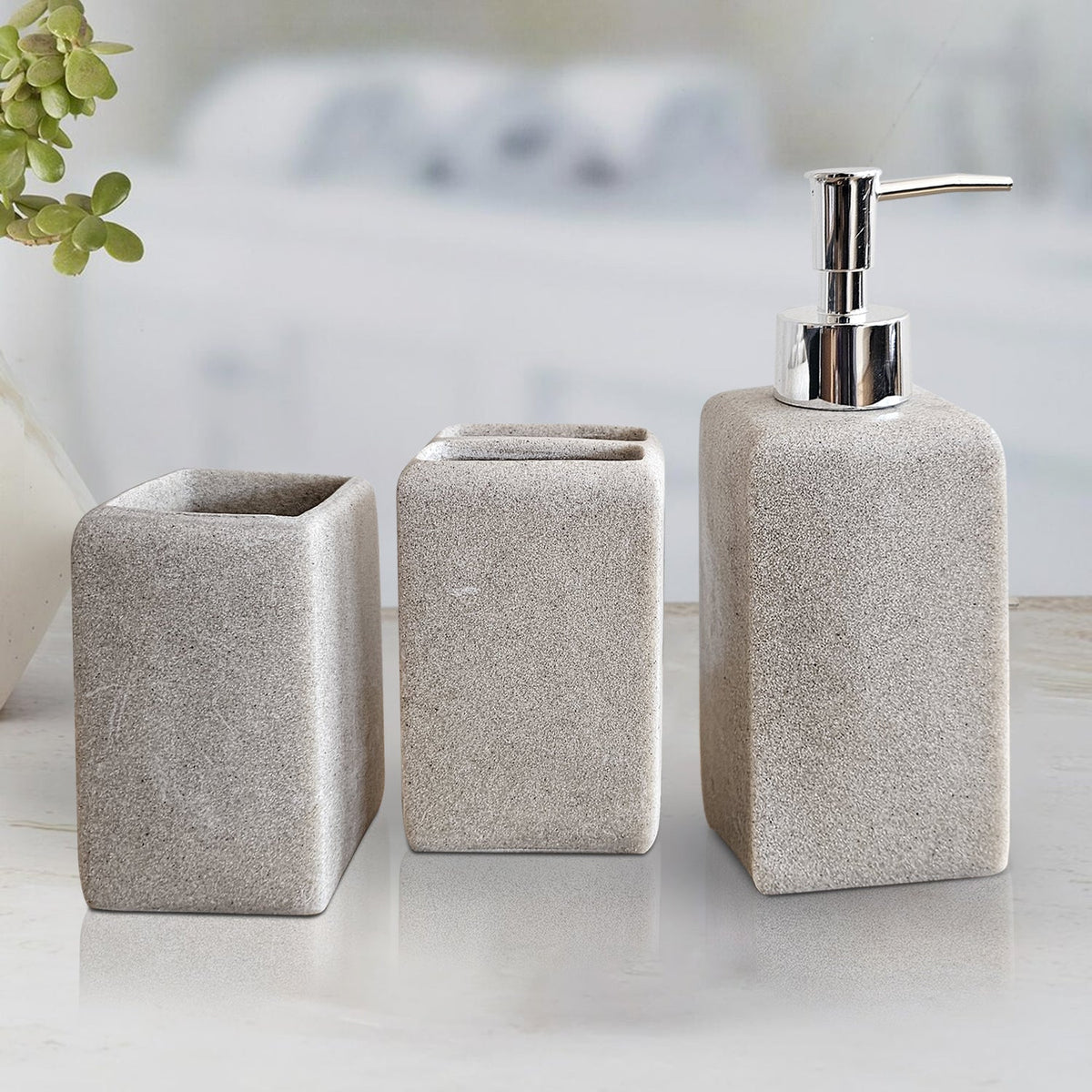 Square Stone-Effect Bathroom Set – Dispenser, Tumbler & Toothbrush Holder, Beige - photo 2