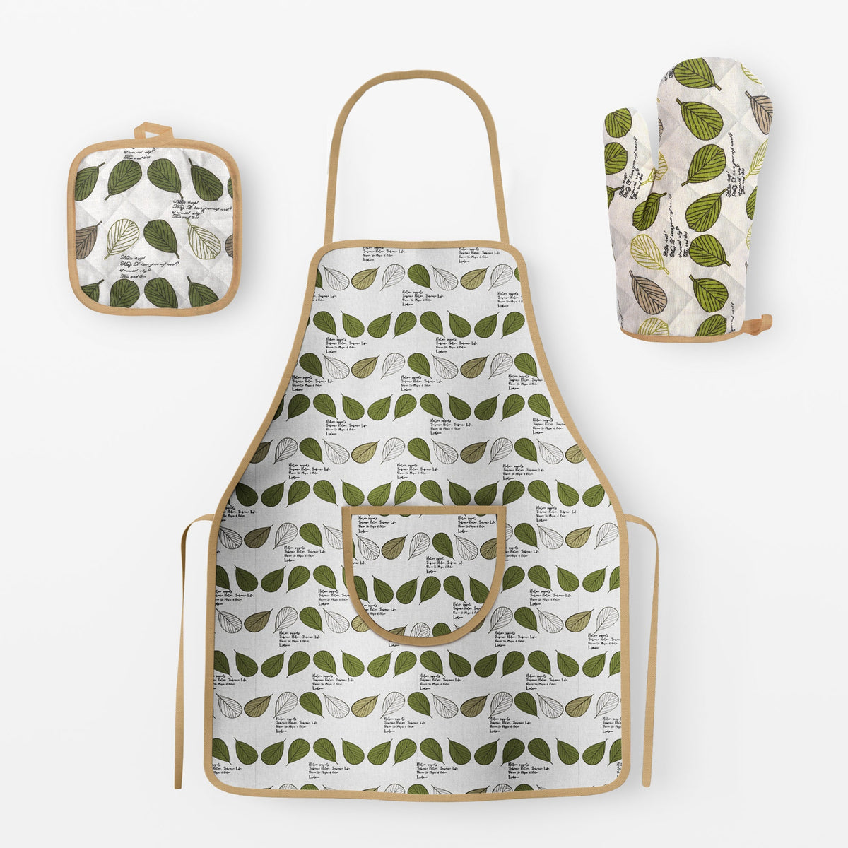 Apron, Oven Glove & Pot Holder Set – Green Leaf Print, Pack of 2 Sets
