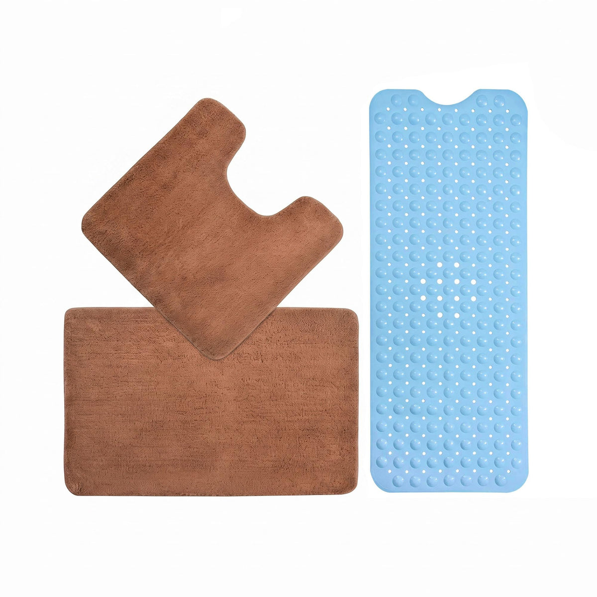 3-Piece Bath Mat Set – 2 Microfibre Mats + Rubber Shower Mat, Choose Colours - Brown + Blue Shower Mat