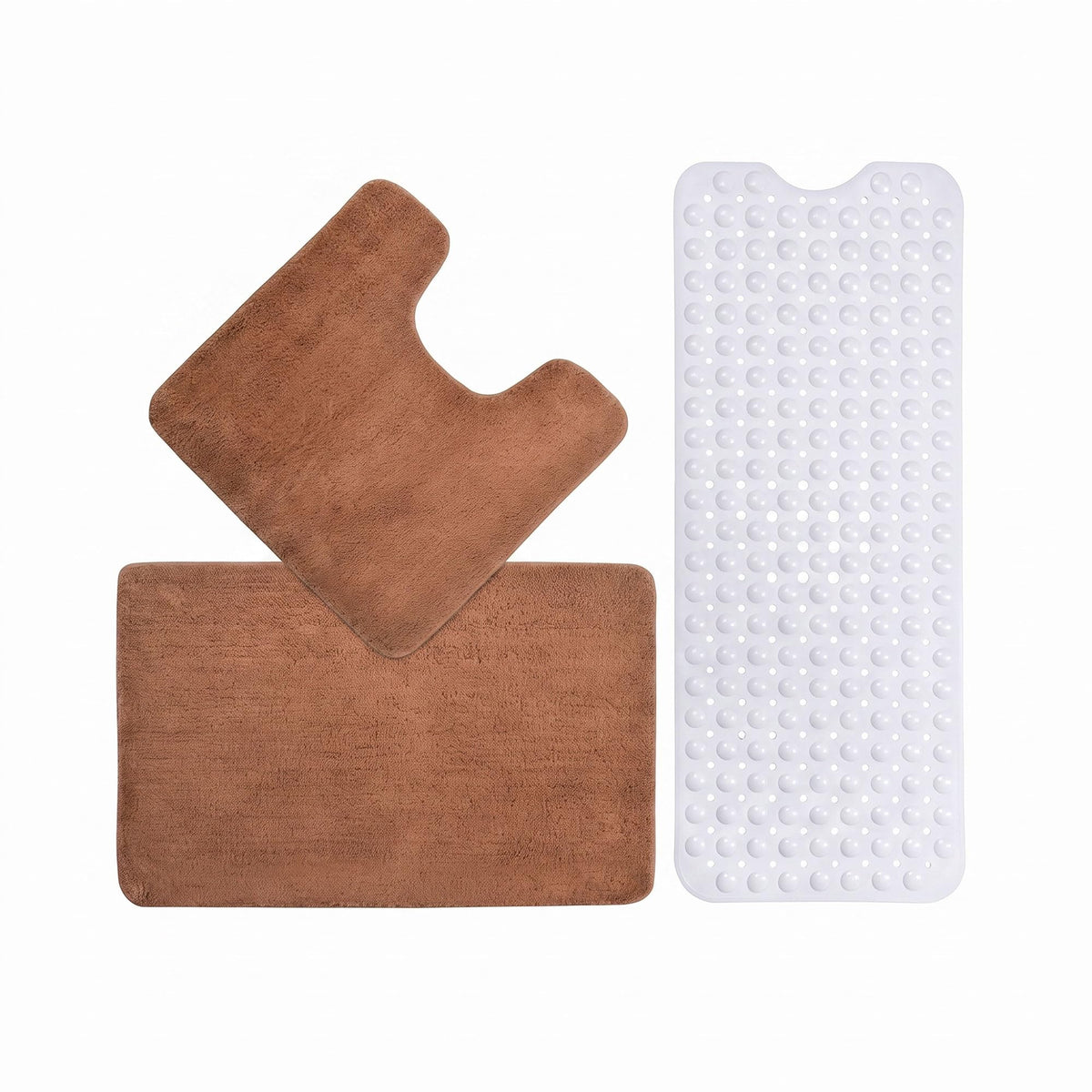 3-Piece Bath Mat Set – 2 Microfibre Mats + Rubber Shower Mat, Choose Colours - Brown + White Shower Mat