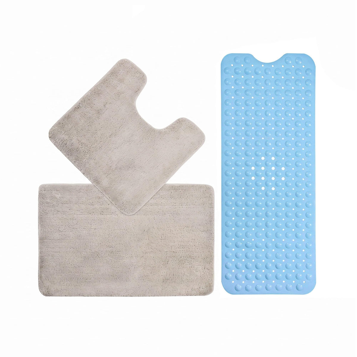 3-Piece Bath Mat Set – 2 Microfibre Mats + Rubber Shower Mat, Choose Colours - Dove Grey + Blue Shower Mat