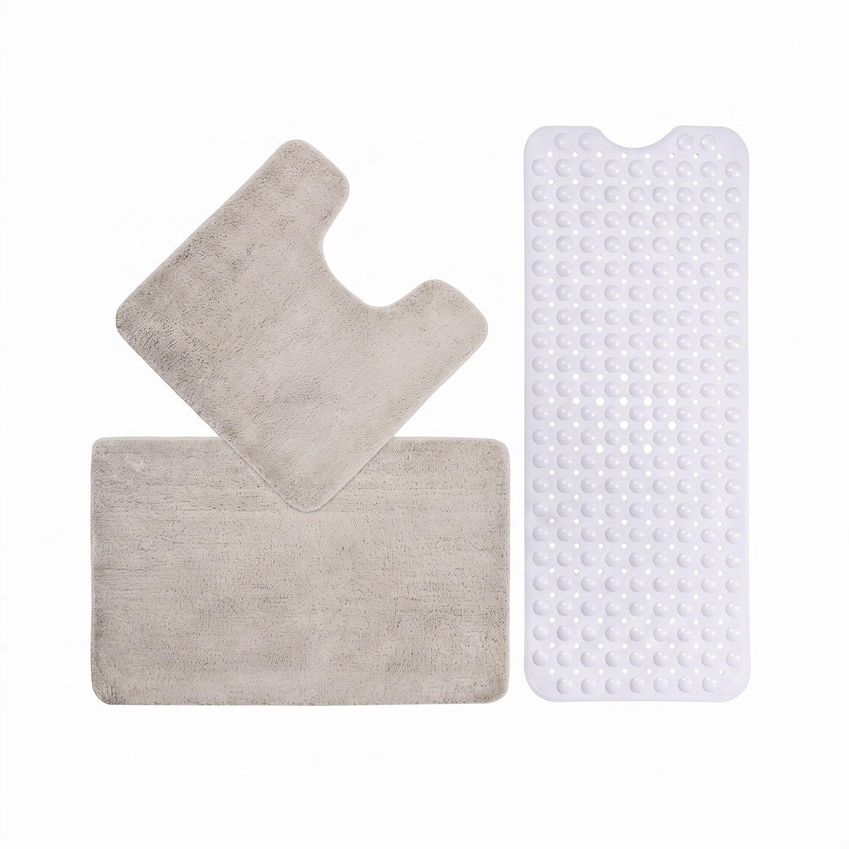 3-Piece Bath Mat Set – 2 Microfibre Mats + Rubber Shower Mat, Choose Colours - Dove Grey + White Shower Mat