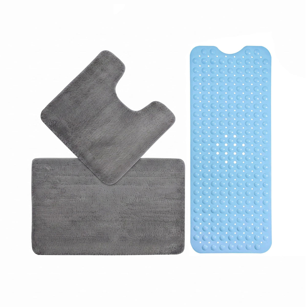3-Piece Bath Mat Set – 2 Microfibre Mats + Rubber Shower Mat, Choose Colours - Grey + Blue Shower Mat