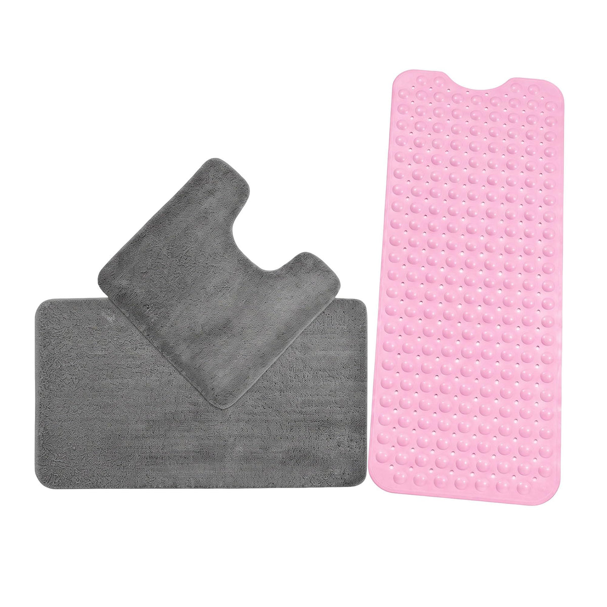 3-Piece Bath Mat Set – 2 Microfibre Mats + Rubber Shower Mat, Choose Colours - Grey + Pink Shower Mat
