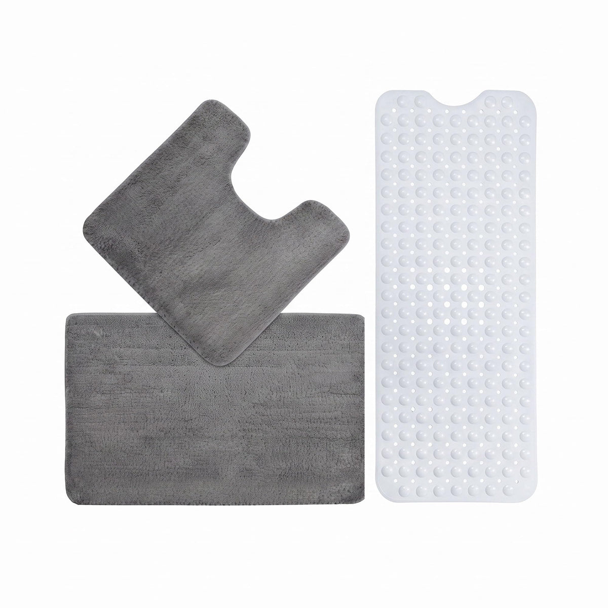 3-Piece Bath Mat Set – 2 Microfibre Mats + Rubber Shower Mat, Choose Colours - Grey + White Shower Mat