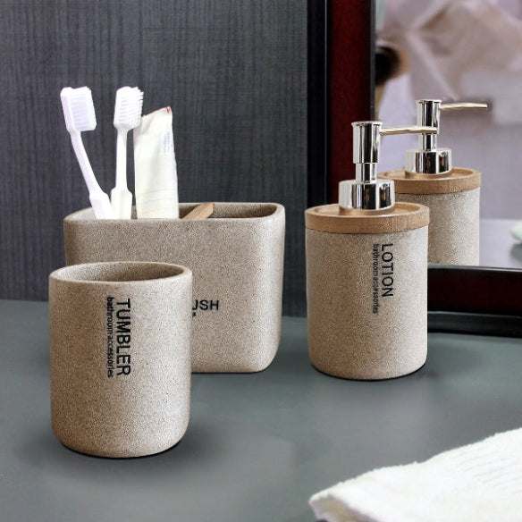 Stone-Effect Bathroom Set – Bamboo-Top Dispenser, Tumbler & Toothbrush Holder - photo 3