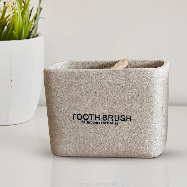 Stone-Effect Bathroom Set – Bamboo-Top Dispenser, Tumbler & Toothbrush Holder - photo 4