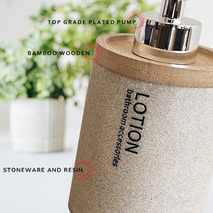Stone-Effect Bathroom Set – Bamboo-Top Dispenser, Tumbler & Toothbrush Holder - photo 5