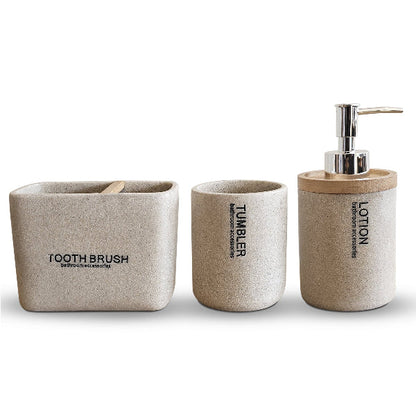 Stone-Effect Bathroom Set – Bamboo-Top Dispenser, Tumbler & Toothbrush Holder