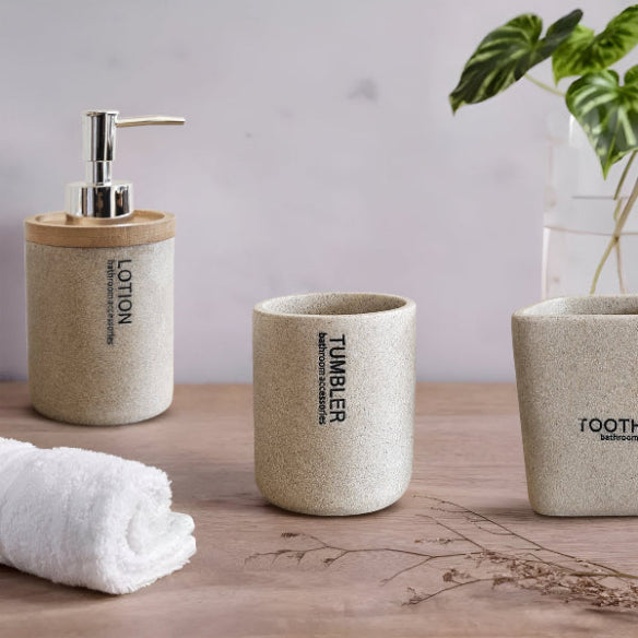 Stone-Effect Bathroom Set – Bamboo-Top Dispenser, Tumbler & Toothbrush Holder - photo 2
