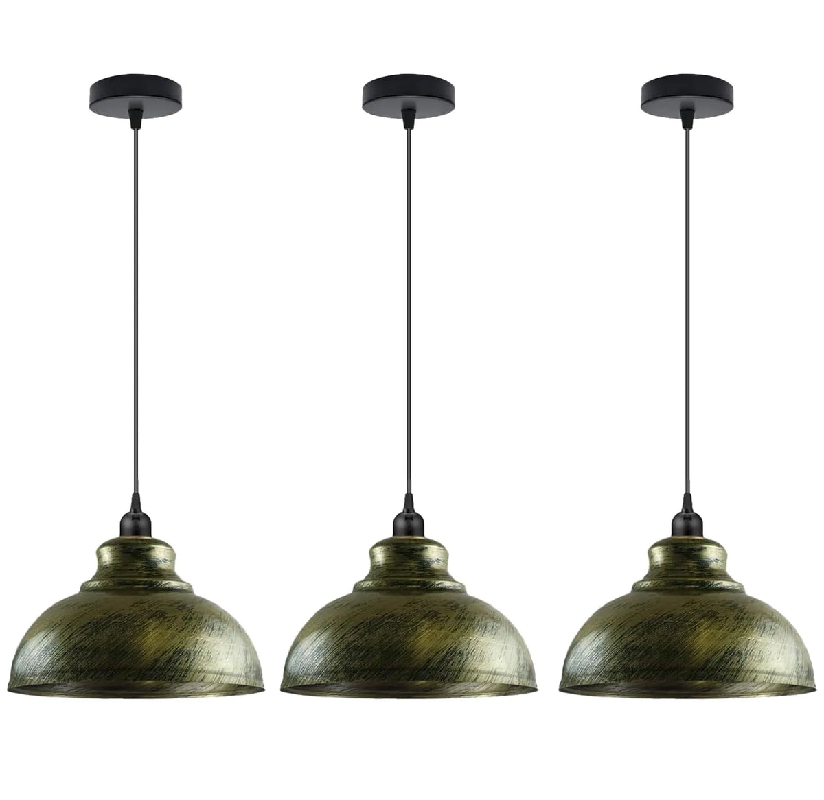 Dome Pendant Light – 29 cm Metal Shade, Single or Set of 3, E27 - Black, Dome 29 cm Brushed Brass, Set of 3, Without Bulb