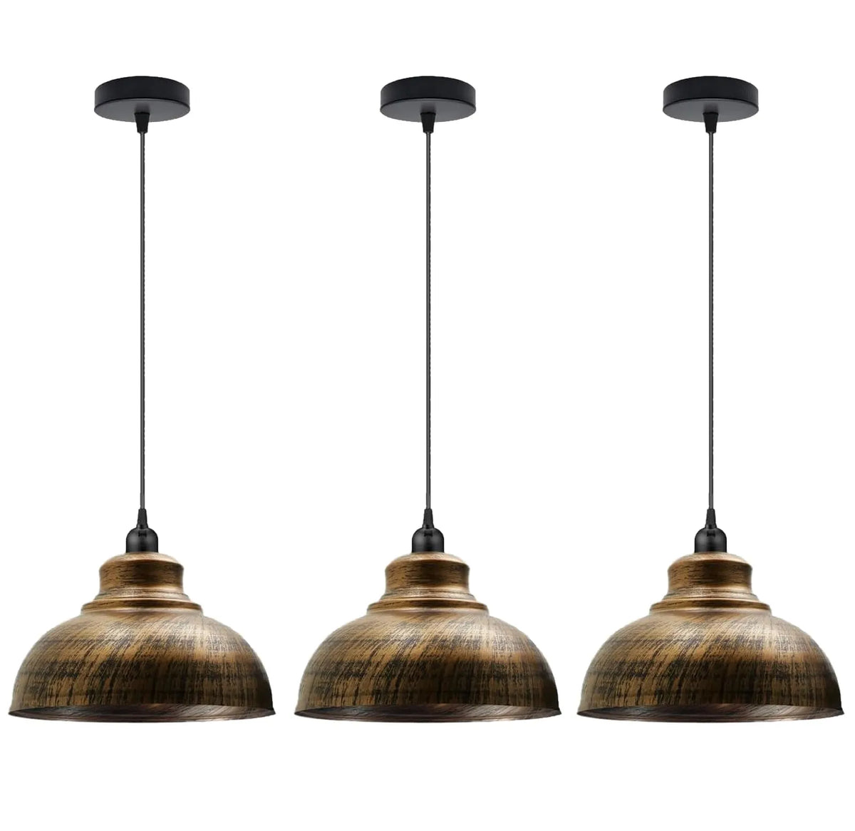 Dome Pendant Light – 29 cm Metal Shade, Single or Set of 3, E27 - Black, Dome 29 cm Brushed Copper, Set of 3, Without Bulb