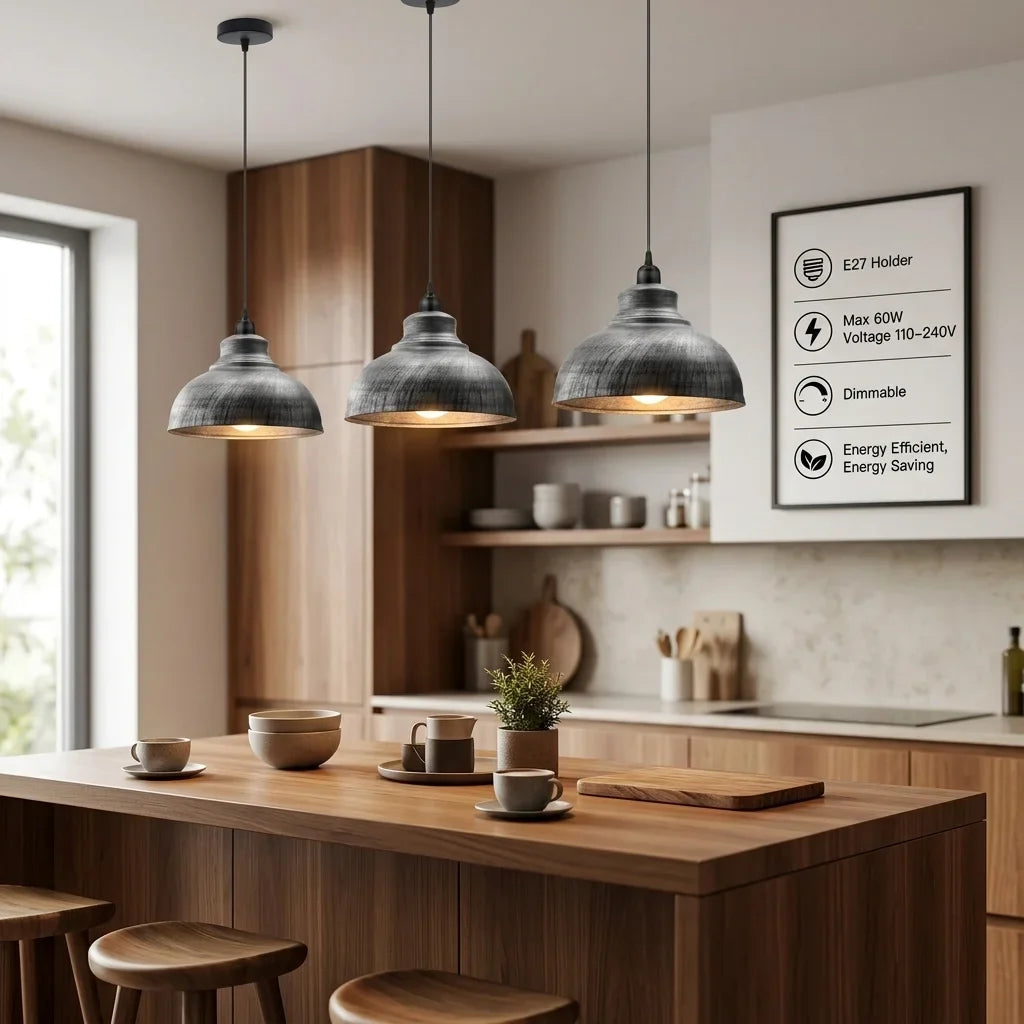 Dome Pendant Light – 29 cm Metal Shade, Single or Set of 3, E27 - Black, Dome 29 cm Brushed Silver, Set of 3, Without Bulb
