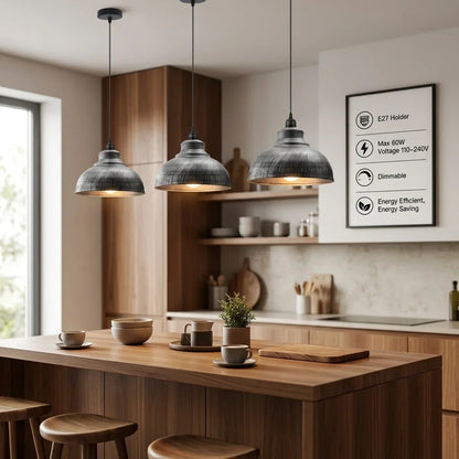 Dome Pendant Light – 29 cm Metal Shade, Single or Set of 3, E27 - Black, Dome 29 cm Brushed Silver, Set of 3, Without Bulb