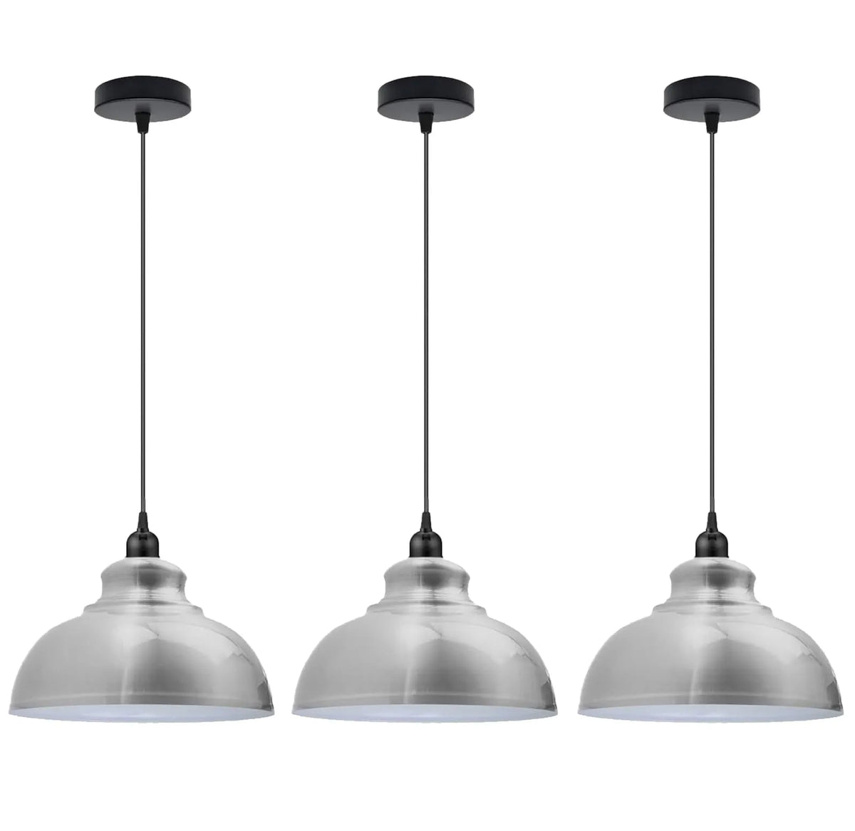 Dome Pendant Light – 29 cm Metal Shade, Single or Set of 3, E27 - Black, Dome 29 cm Chrome, Set of 3, Without Bulb